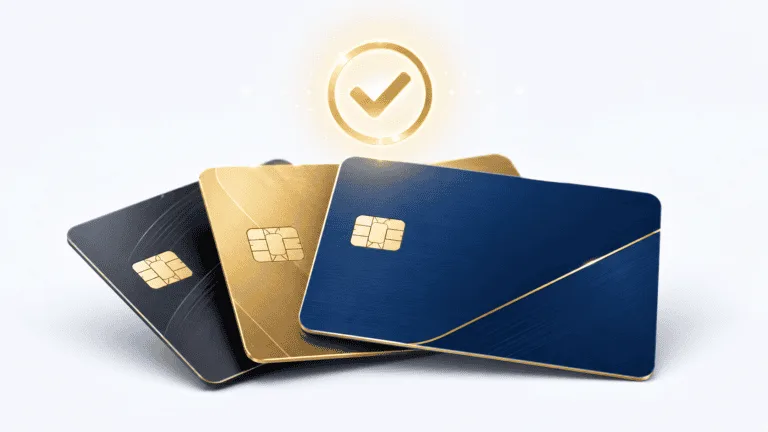 Tarjetas de crédito en diferentes colores con símbolo de aprobación.