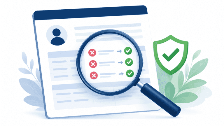 Inspección de informe de crédito con lupa y escudo de protección.