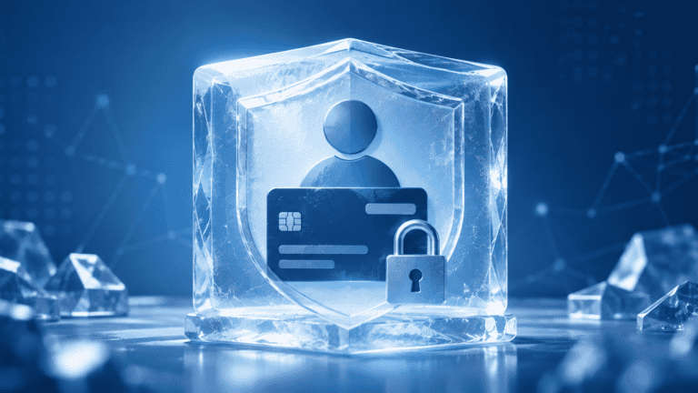 Icono de tarjeta de crédito y candado en un bloque de hielo.
