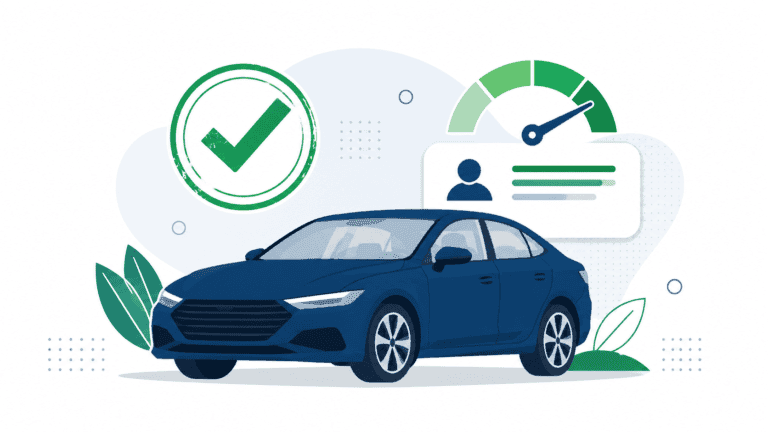 Ilustración de coche y puntuación de crédito con gráficos y checkmark.