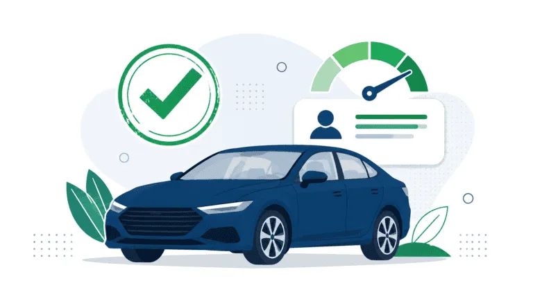 Ilustración de coche y puntuación de crédito con gráficos y checkmark.