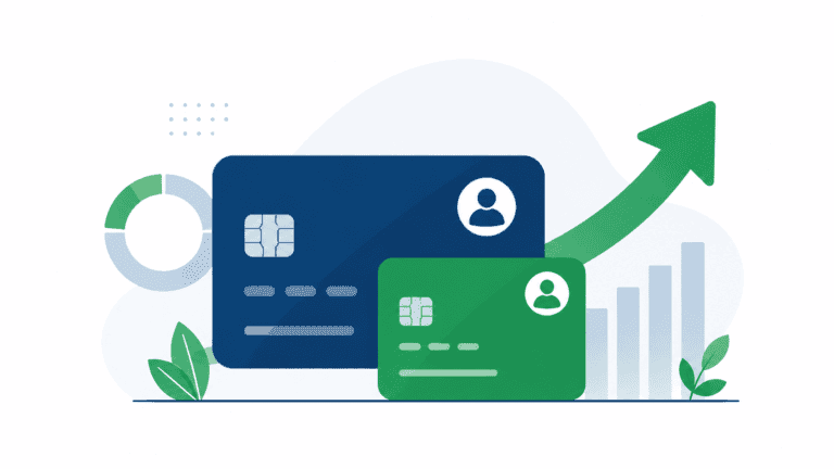 Tarjetas de crédito con gráfico de crecimiento y aumento de puntuación crediticia.