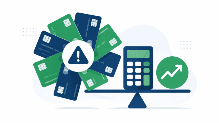 Tarjetas de crédito y calculadora con símbolo de advertencia y crecimiento.